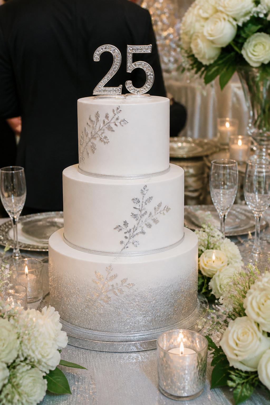 Image Prompt: Ultra-realistic 25th wedding anniversary party scene featuring a classy silver and white tiered anniversary cake with smooth white fondant or buttercream, thin silver trim, subtle silver leaf accents, and an elegant number "25" topper. Place the cake on a beautifully styled dessert table with candles, champagne glasses, white and silver floral arrangements, linen tablecloth, crystal glassware, and soft warm celebration lighting. Keep the cake as the main focus. No visible faces. If people appear, show only cropped hands, back views, side views, or neck-down figures. Realistic cake texture, refined silver shine, DSLR event photography, polished and believable styling. (no watermarks on images)