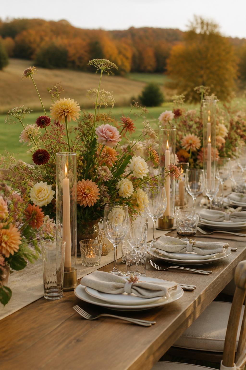 Image Prompt:
A pretty autumn wedding table decorated with loose wildflower centerpieces in burnt orange, cream, pale yellow, blush, and soft burgundy tones, paired with greenery, candles, linen napkins, white plates, and clear glassware. Outdoor countryside or garden reception setting, no visible faces, no text, no watermark, realistic editorial wedding photography, (no watermarks on images)