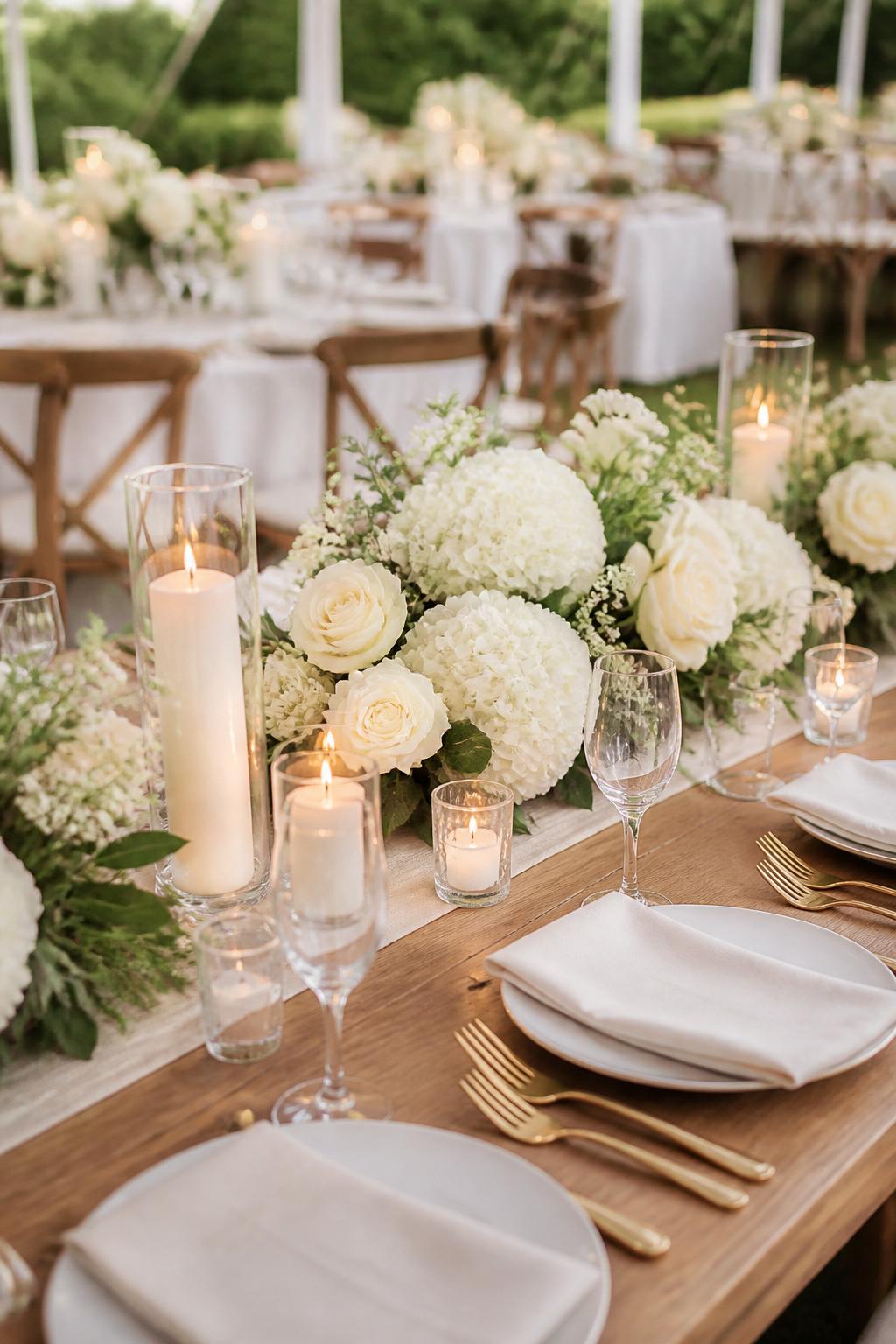 Image Prompt:
A fresh garden wedding reception image showing a wooden farm table styled with white roses, white hydrangeas, soft greenery, ivory candles, white plates, folded linen napkins, gold flatware, and clear glasses. Outdoor garden or tented reception setting, no visible faces, no text, no watermark, realistic wedding magazine photography, (no watermarks on images)
