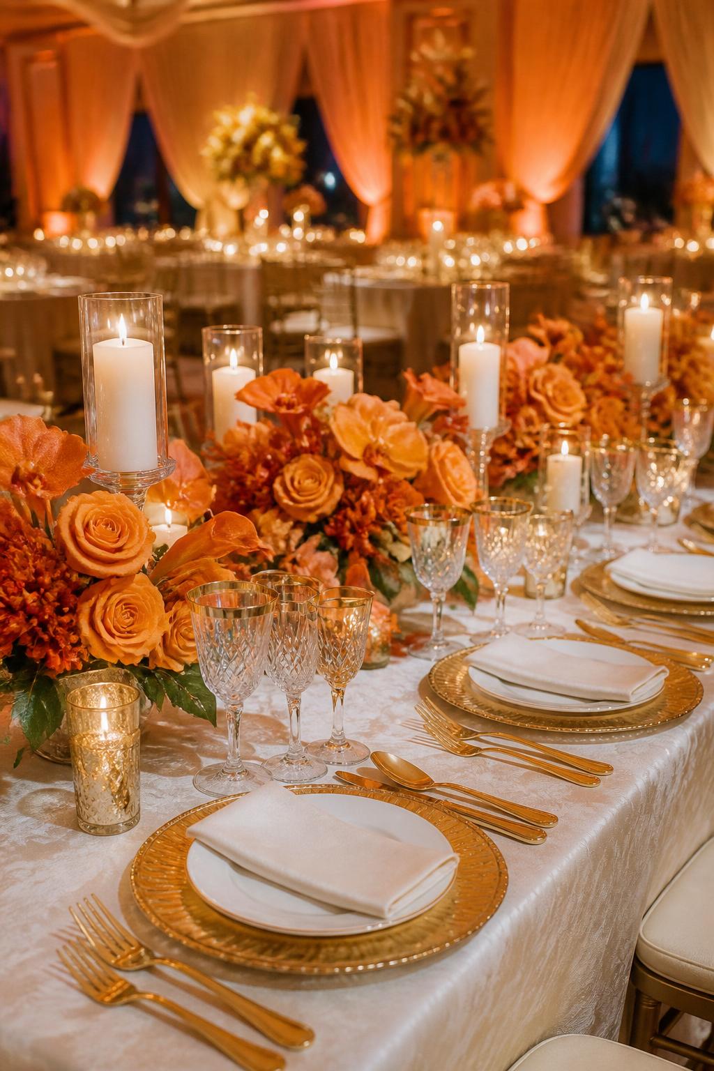 Image Prompt:
A grand wedding reception table styled with orange floral centerpieces, gold chargers, gold flatware, ivory candles, white plates, crystal glasses, and elegant white linen in a formal ballroom or indoor setting. Warm refined lighting, no visible faces, no full people, no text, no watermark, professional DSLR wedding photography, (no watermarks on images)