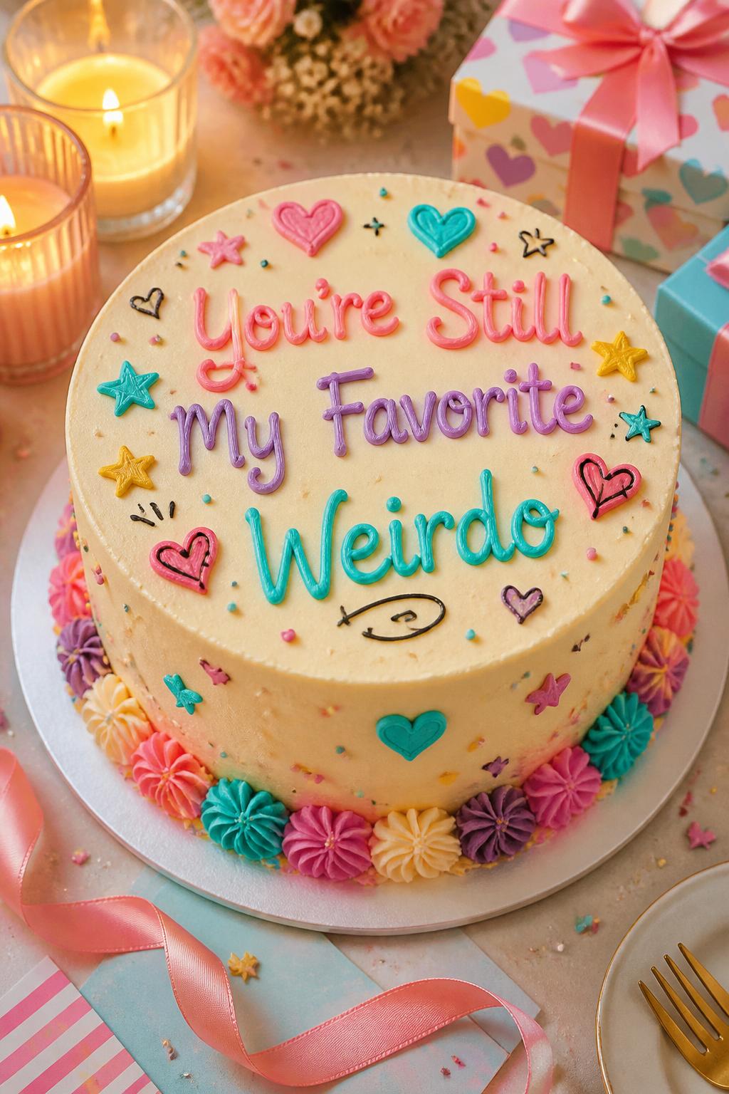 Image Prompt: A cute anniversary cake with smooth pastel buttercream, playful piped lettering that says “You’re Still My Favorite Weirdo,” tiny stars, hearts, and doodle-style accents. Style it on a fun dessert table with candles, ribbons, small gift boxes, and soft colorful decor. Make it realistic, cheerful, and polished, no people, no faces, no watermark. (no watermarks on images)