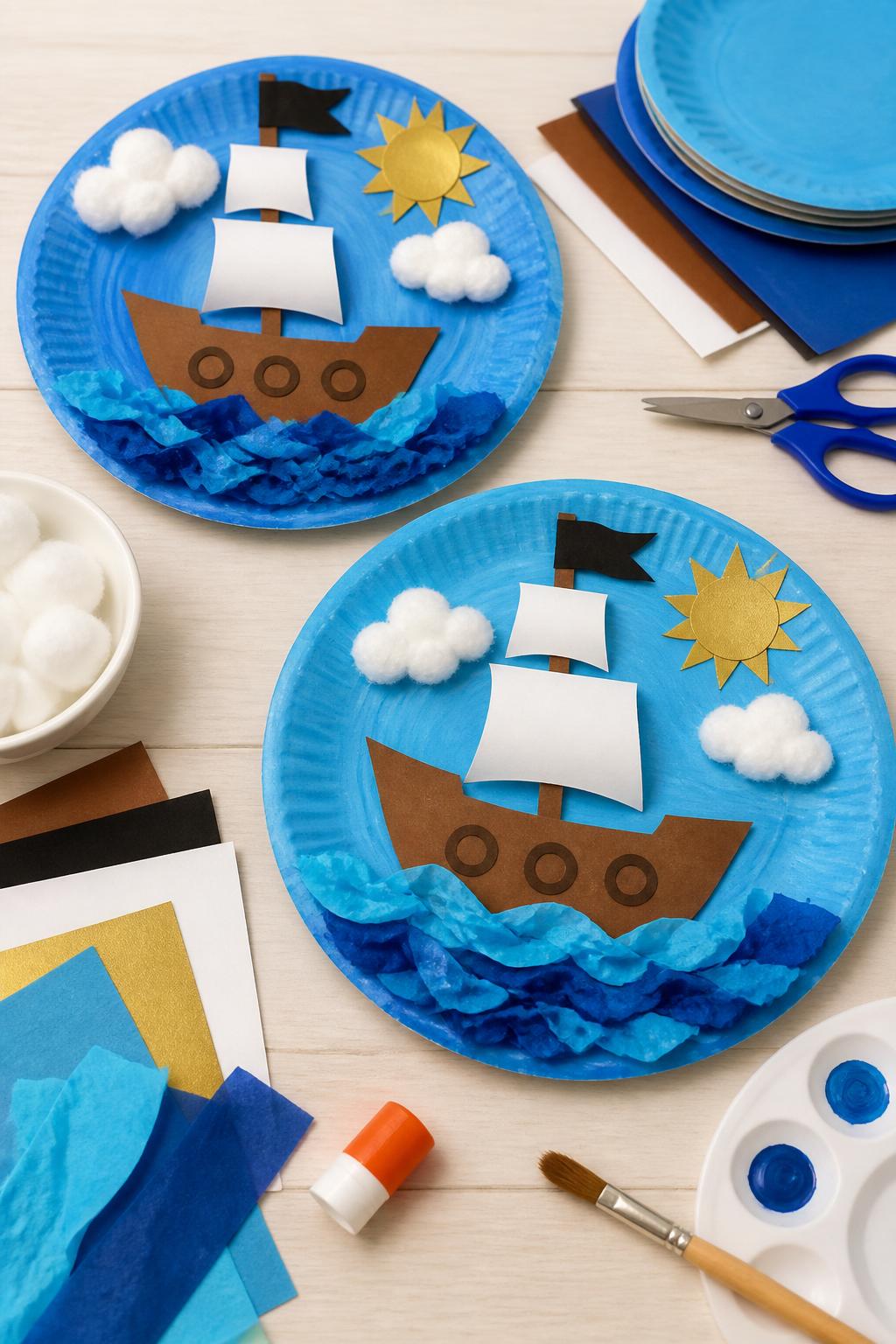 Detailed Image Prompt:
A cute ocean craft photo showing paper plate pirate ship scenes, blue painted paper plates with brown paper pirate ships, white sails, gold paper sun, cotton clouds, and tissue paper waves, craft supplies arranged on a clean table, cheerful summer pirate sea theme, no people, no faces, no readable text, no watermark on images.