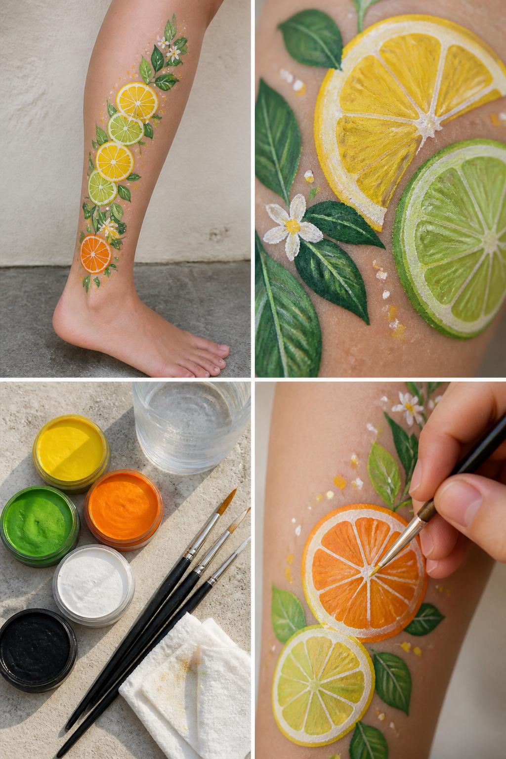 Detailed Image Prompt:
A realistic editorial 2x2 collage grid showing citrus garland leg painting, top-left finished calf design with lemon, lime, and orange slices painted like a loose garland around the lower leg, top-right close-up of citrus segment lines and green leaf details, bottom-left flat lay of skin-safe yellow, orange, green, white, and black body paint, fine brushes, wipes, and water cup, bottom-right cropped hands painting white segment lines inside an orange slice, fresh summer craft styling, no faces, no text, no watermark on images.