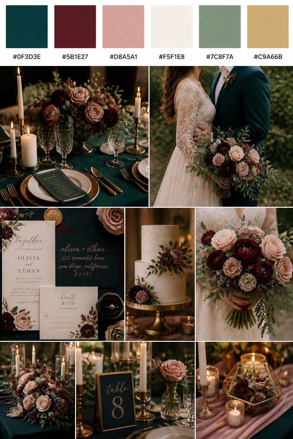 A realistic wedding inspiration mood board with a top row of color swatches and hex codes in deep teal, burgundy, blush, ivory, muted sage, and soft gold. Below, show a cohesive collage of teal table linens, burgundy flowers, blush roses, ivory candles, soft gold accents, elegant wedding stationery, a side-view cropped couple pose with faces turned away, and close-up bouquet details with no full faces visible. The style should feel dark romantic, cute, colorful, and refined with clean Pinterest mood board composition and DSLR-style realism. 9:16 vertical format. Avoid clear faces. (no watermarks on images)
