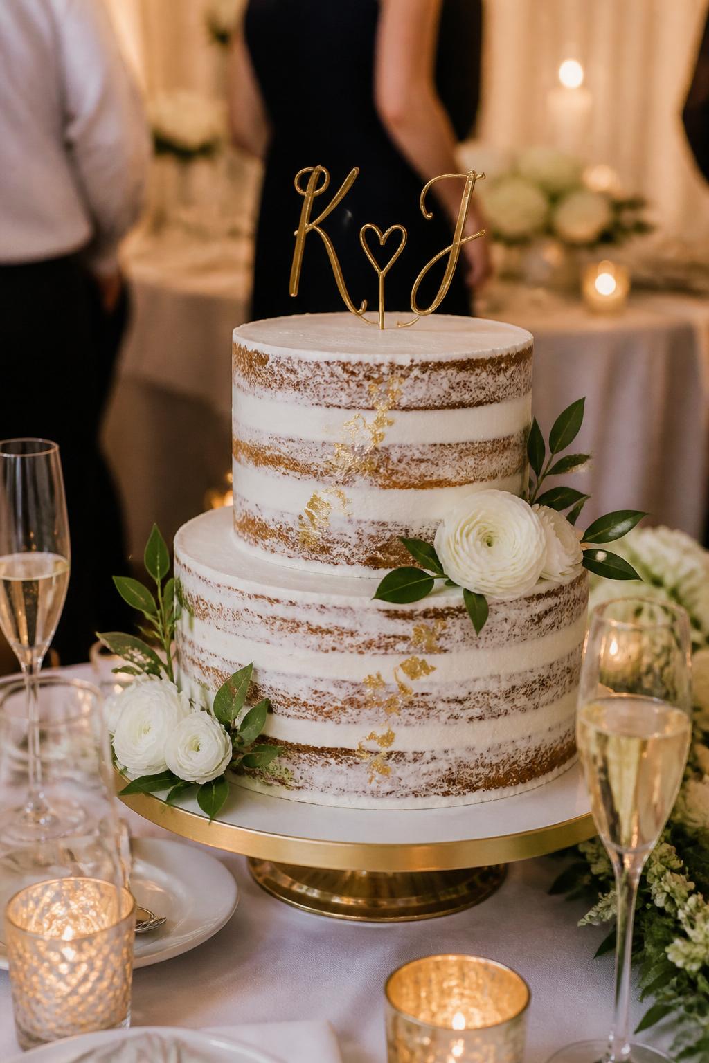 Image Prompt: Ultra-realistic wedding reception image of a naked wedding cake with visible cake layers, white buttercream filling, delicate edible gold leaf accents, and a simple gold cake topper. Style the cake on a gold-rimmed stand at a real wedding party scene with candles, white and green florals, champagne glasses, fine linens, and warm reception lighting. Keep the cake elegant and realistic, not overly shiny. No visible faces. If people appear, show only hands, cropped torsos, side views, or back views. Detailed cake texture, subtle gold shine, DSLR wedding photo style. (no watermarks on images)