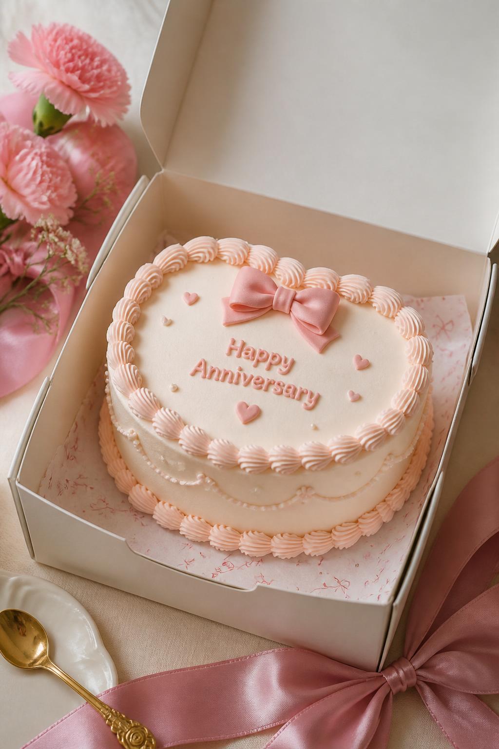 Image Prompt: A cute and romantic bento anniversary cake with pale blush buttercream, a small fondant bow on top, delicate shell piping, tiny pearl dots, and soft heart details. Place it inside an open cake box with satin ribbon, pink flowers, and a small dessert spoon nearby. Use realistic buttercream and fondant texture, soft studio lighting, no people, no faces, no watermark. (no watermarks on images)