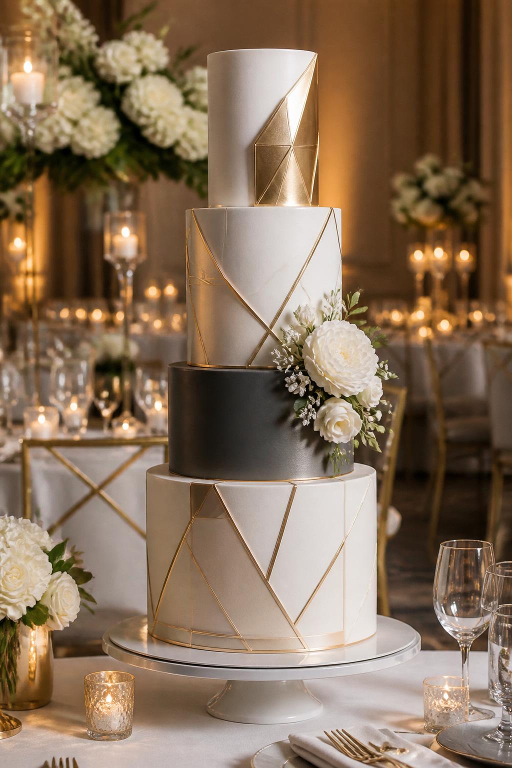Image Prompt: Ultra-realistic wedding reception image of a metallic geometric wedding cake with smooth white, ivory, or dark tiers and raised metallic geometric accents in gold, silver, or rose gold. Use clean angular lines, polished shapes, and subtle floral details for a wedding-ready finish. Place the cake on a modern reception table with candles, white flowers, fine linens, glassware, and a softly blurred stylish wedding venue background. Keep the cake front and center. No visible faces. If people appear, show only cropped hands, side views, back views, or figures from the neck down. Realistic metallic geometric texture, smooth icing finish, warm DSLR event photography. (no watermarks on images)