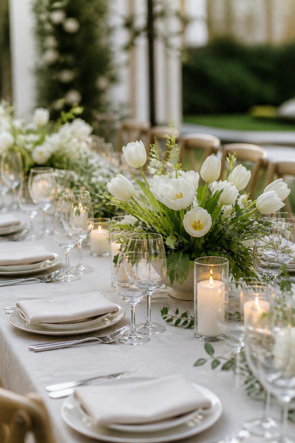 Image Prompt:
A fresh editorial wedding table photo showing white tulips arranged with soft greenery in low elegant centerpieces, paired with white plates, clear glasses, folded linen napkins, ivory candles, and refined table styling. Garden or spring wedding reception setting, no visible faces, no text, no watermark, realistic wedding photography, (no watermarks on images)