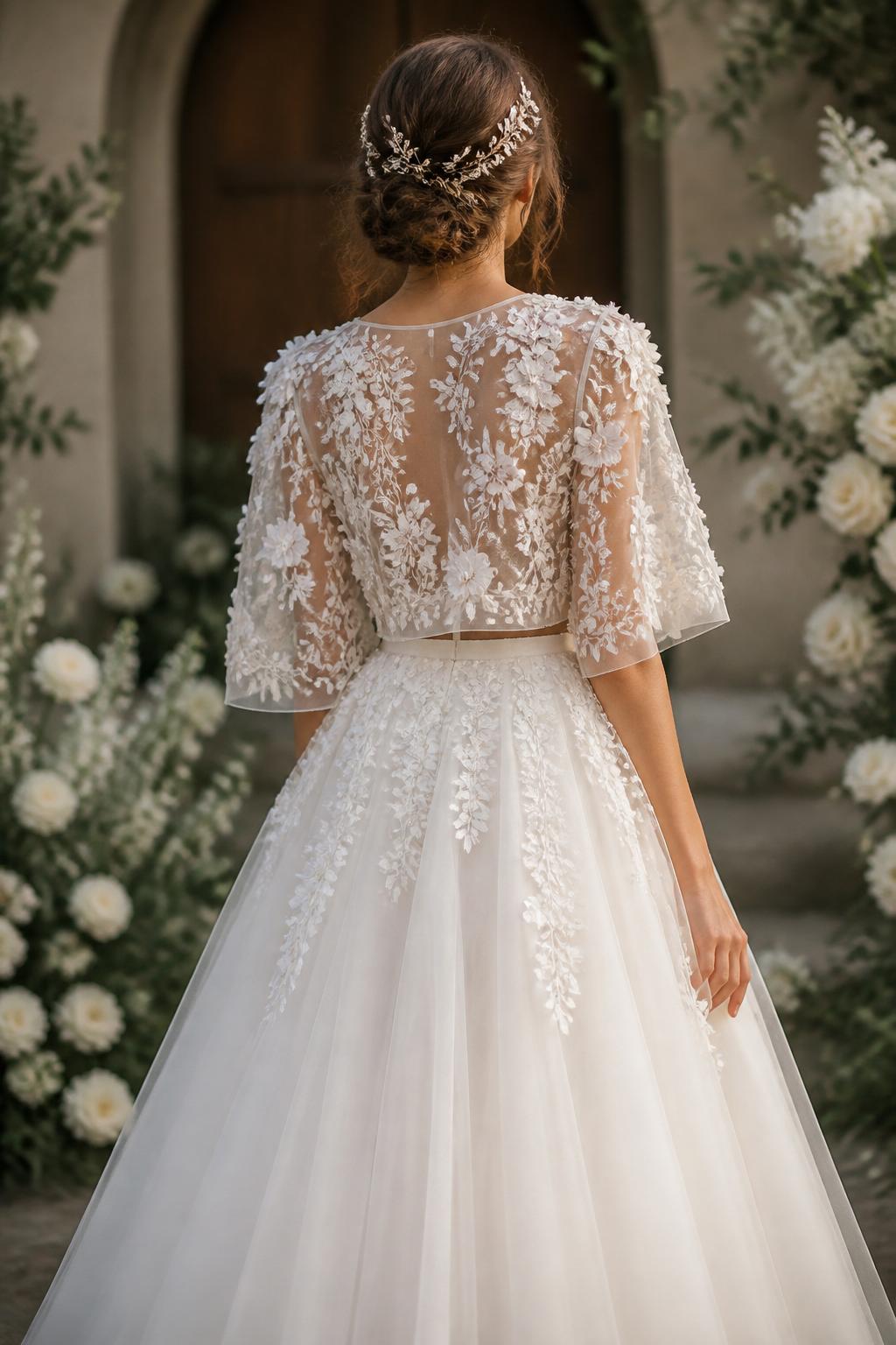 Image Prompt: A romantic bridal editorial photograph of a wedding dress with a soft tulle A-line skirt and a floral appliqué bolero. Show the bride from the neck down or from behind with the head turned away so the face is hidden. The bolero features delicate 3D floral appliqué, airy sleeves, and a light fitted crop over a dreamy tulle gown. Use a garden chapel or floral bridal set, soft natural light, realistic texture, premium editorial quality, no visible face, no text, no watermark. (no watermarks on images)