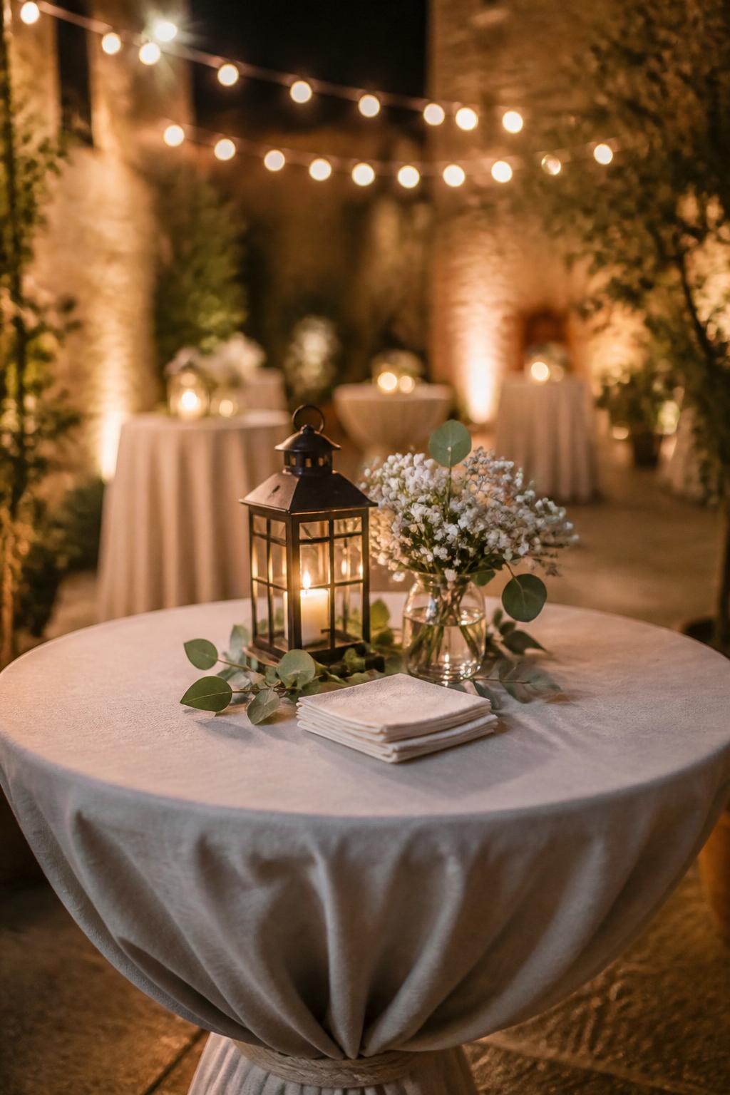 Image Prompt:
A charming wedding cocktail table photo showing a small antique brass or black lantern on a high cocktail table, paired with tiny white flowers, greenery, linen cocktail napkins, and warm evening lighting. Rustic elegant reception setting, no visible faces, no text, no watermark, professional DSLR editorial image, (no watermarks on images)
