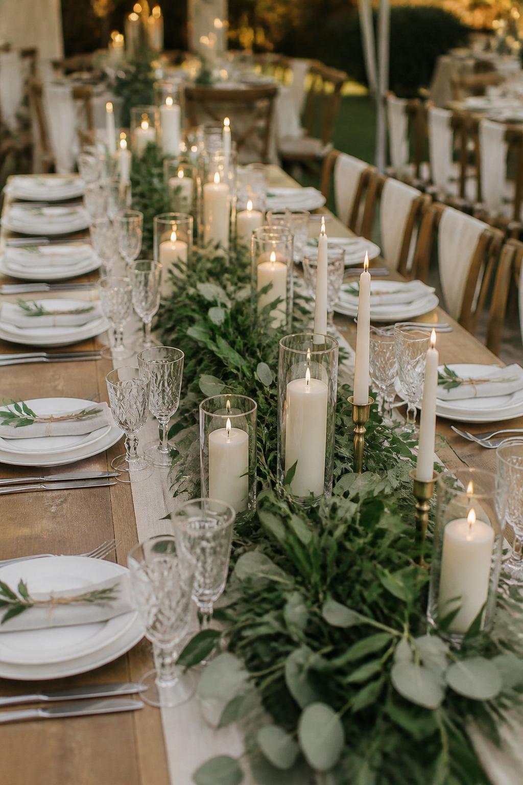 Image Prompt:
A romantic wedding reception table styled with a full greenery runner down the center, white pillar candles and taper candles in mixed holders, white plates, clear crystal glasses, linen napkins, and elegant place settings. Outdoor or indoor reception setting, no visible faces, no full people, no text, no watermark, realistic DSLR wedding photography, (no watermarks on images)
