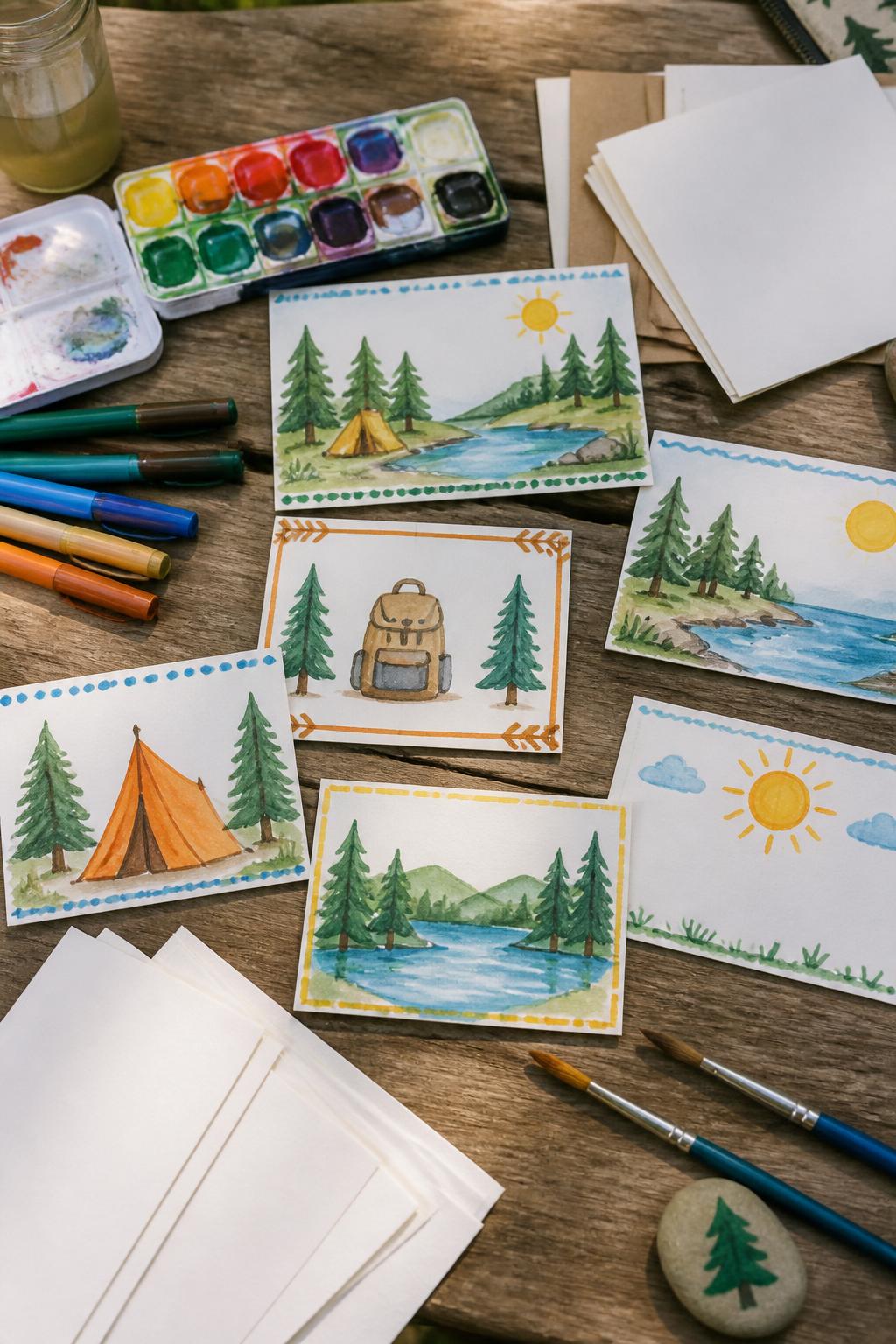 Detailed Image Prompt:
A bright summer camp craft photo showing handmade camp postcards, small cardstock cards decorated with watercolor trees, tents, lakes, suns, backpacks, and simple border patterns, watercolor paint set, markers, and blank cards nearby on a picnic table, nostalgic camp craft mood, no people, no faces, no readable text, no watermark on images.