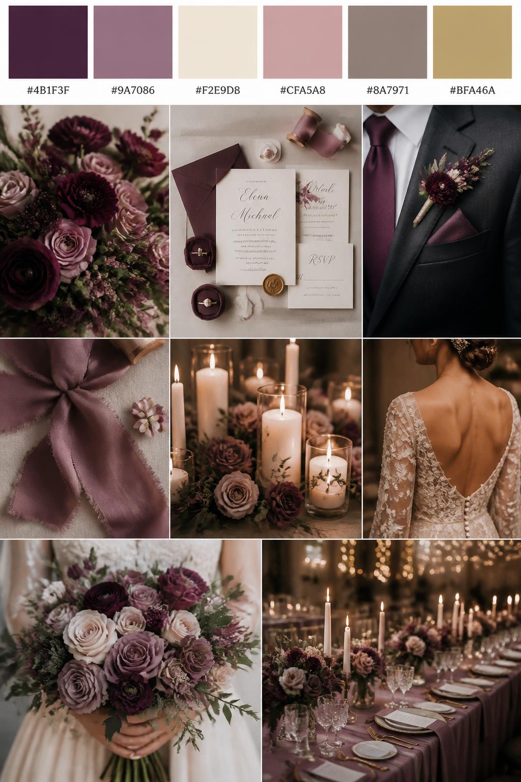 A realistic wedding palette board with a top row of color swatches and hex codes in plum, mauve, cream, dusty rose, taupe, and muted gold. Below, show a polished collage of plum flowers, mauve ribbon, cream candles, elegant paper goods, a groom suit detail with boutonniere and no visible face, cropped dress shots, bouquet styling in hands-only composition, and a romantic reception table. Use no full faces, with side crops, back views, and no-people decor shots for variety. The mood should feel rich, romantic, and elegant with true-to-life DSLR quality. 9:16 vertical format. (no watermarks on images)