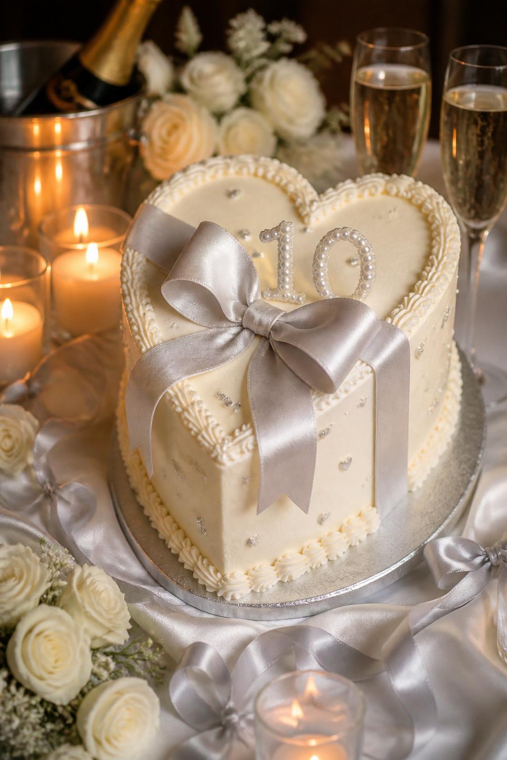 Image Prompt: A lovely 10th anniversary cake with smooth champagne buttercream, a soft silver fondant bow, pearl accents, delicate piped borders, and tiny heart details. Place it on a pretty dessert table with satin ribbon, white roses, candles, and champagne glasses. Make it look gift-like, romantic, and realistic, no people, no faces, no text overlay, no watermark. (no watermarks on images)