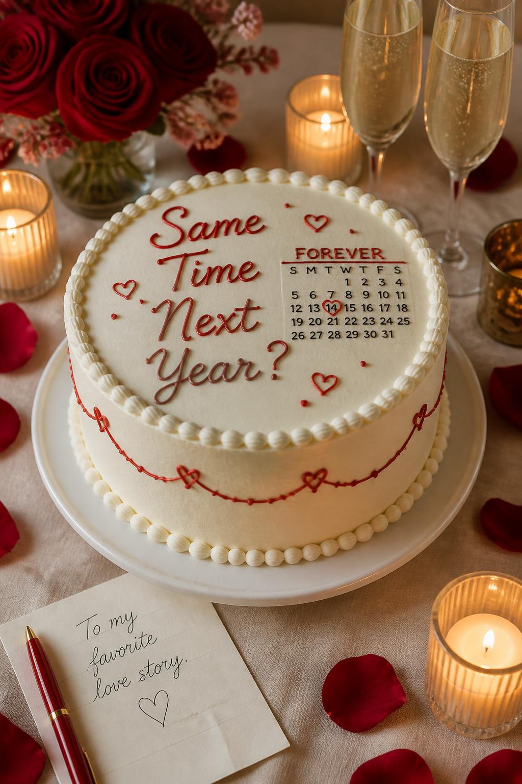Image Prompt: A clever couple anniversary cake with smooth white buttercream, neat piped lettering that says “Same Time Next Year?” tiny hearts, calendar-style accents, pearl borders, and soft red piping. Style it on a romantic dessert table with candles, rose petals, champagne glasses, and a folded love note. Make it witty, sweet, and realistic, no people, no faces, no watermark. (no watermarks on images)