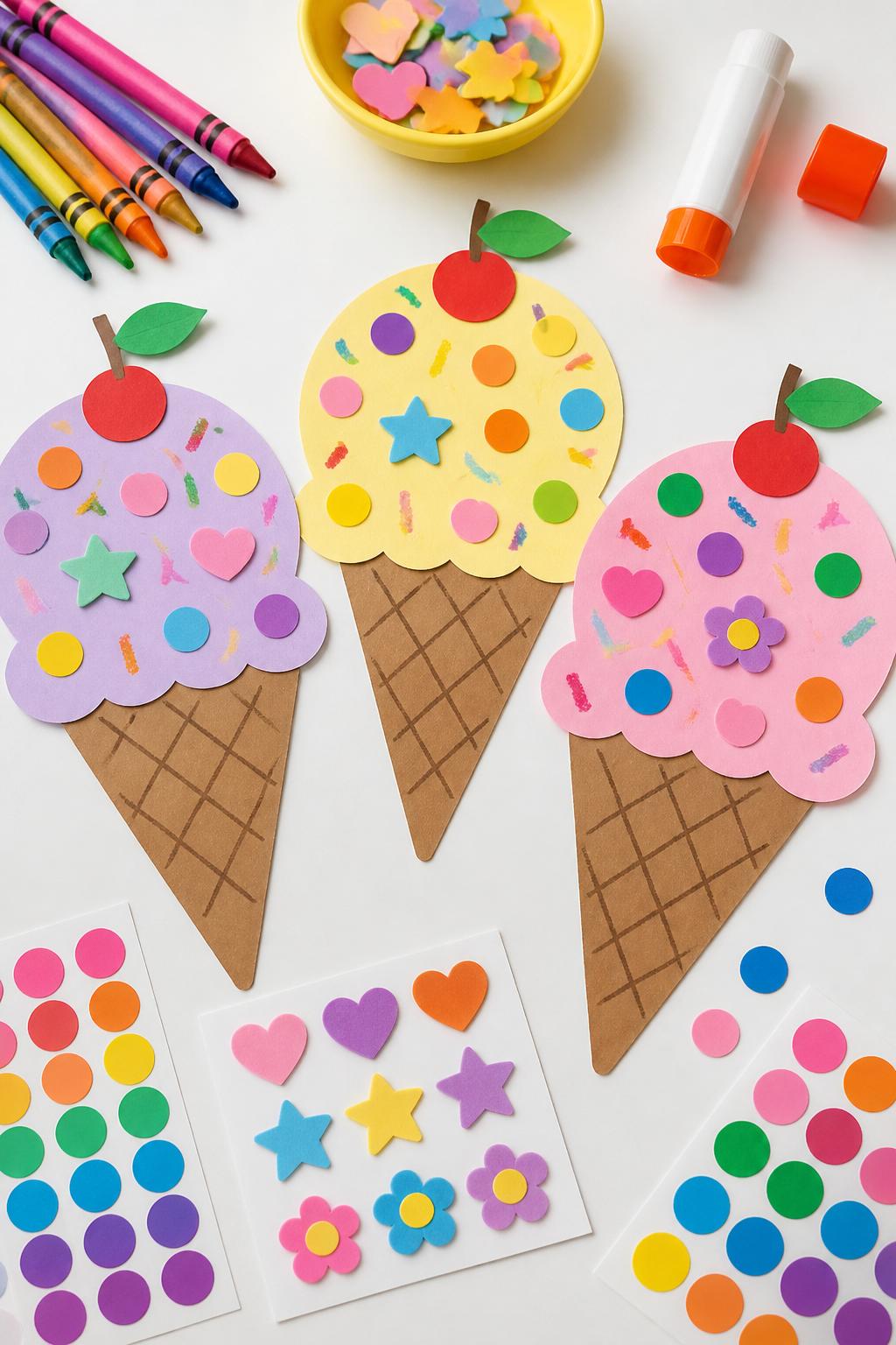 Detailed Image Prompt:
A playful daycare craft photo showing paper ice cream cones decorated with stickers, brown paper cones and pastel paper scoops covered in dot stickers, foam stickers, crayon sprinkles, and small paper cherries, clean white craft table with sticker sheets and glue nearby, cute summer dessert craft style, no people, no faces, no readable text, no watermark on images.