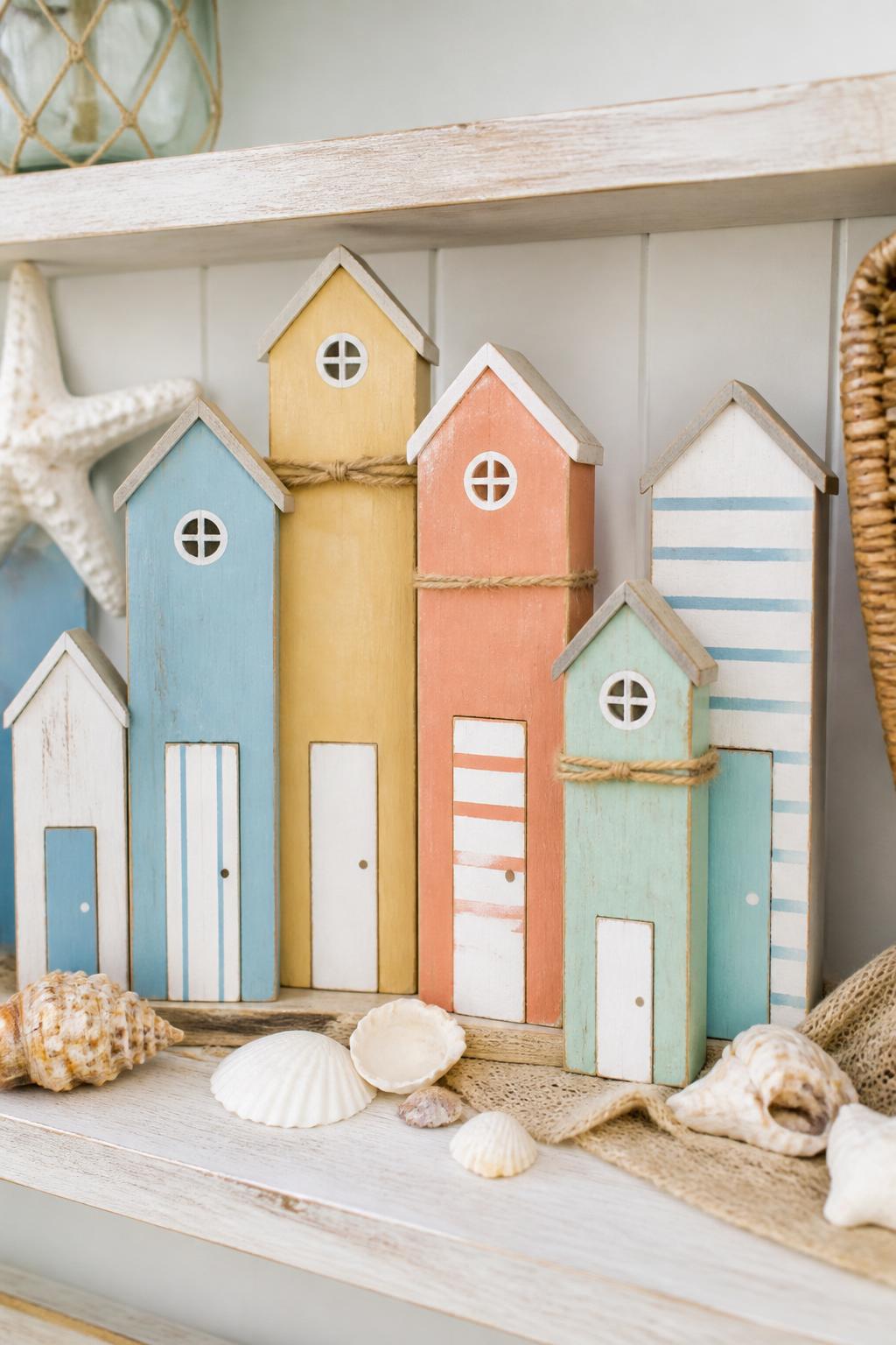 Detailed Image Prompt:
A cute coastal summer craft photo showing small scrap wood beach hut houses, narrow wood blocks painted in pastel blue, yellow, coral, white, and mint, with simple roof lines, tiny painted doors, striped details, and twine accents, arranged on a shelf with shells and sand-colored fabric, clean beach cottage styling, no people, no faces, no readable text, no watermark on images.