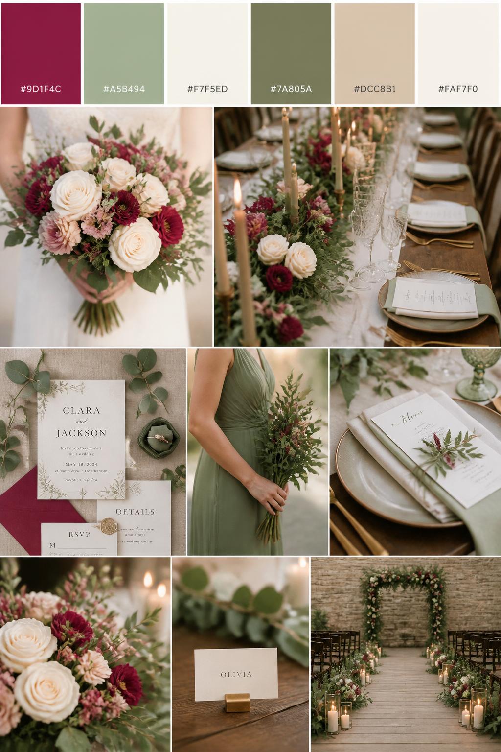 A realistic Pinterest-style wedding palette board with a top row of swatches and hex codes in raspberry, sage green, ivory, muted olive, warm beige, and soft cream. Below the swatches, create a refined wedding collage with sage greenery, raspberry florals, ivory roses, natural table styling, elegant stationery, a side-view bouquet shot, a bridesmaid dress detail cropped below the shoulders, and a no-people ceremony setup with greenery and candles. Use varied no-face compositions, including hands-only details, back-view styling, side-view crops, and no-people decor scenes. DSLR photo realism, 9:16 vertical format. (no watermarks on images)