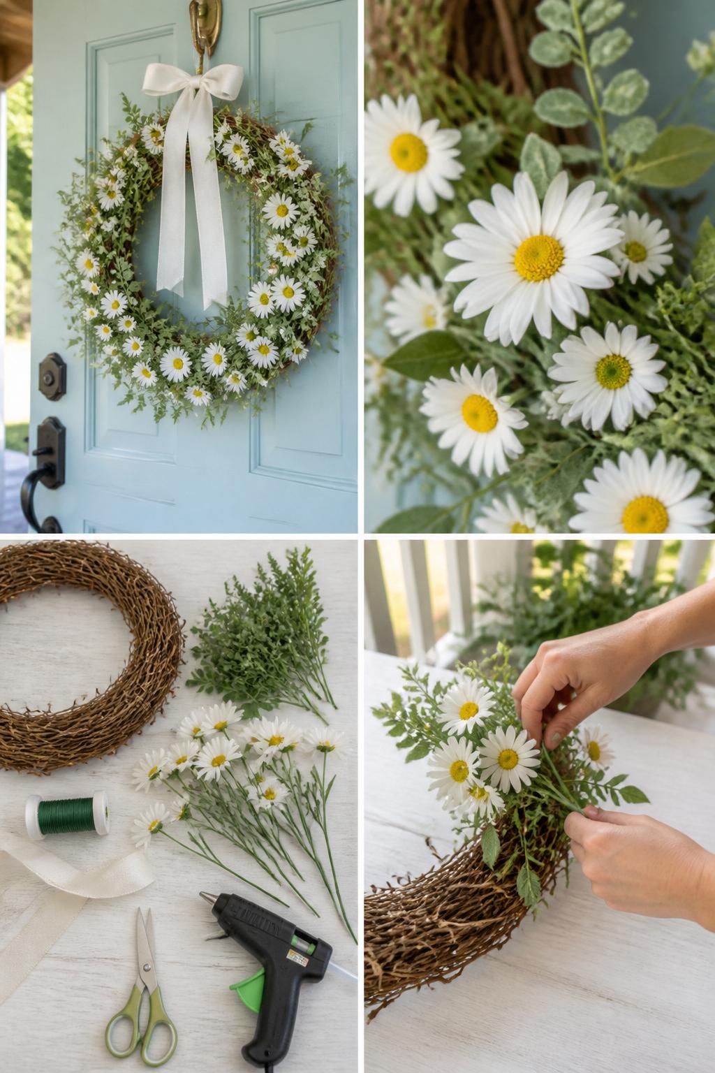 Detailed Image Prompt:
A realistic editorial 2x2 collage grid showing a handmade wild daisy summer wreath, top-left finished wreath on a pale blue front door with white daisies, yellow centers, small greenery sprigs, and a soft white ribbon, top-right close-up of daisy petals and layered green leaves, bottom-left flat lay of grapevine wreath base, faux daisies, greenery stems, ribbon, floral wire, scissors, and hot glue gun, bottom-right cropped hands attaching daisy stems to the wreath base, bright summer porch setting, no faces, no text, no watermark on images.