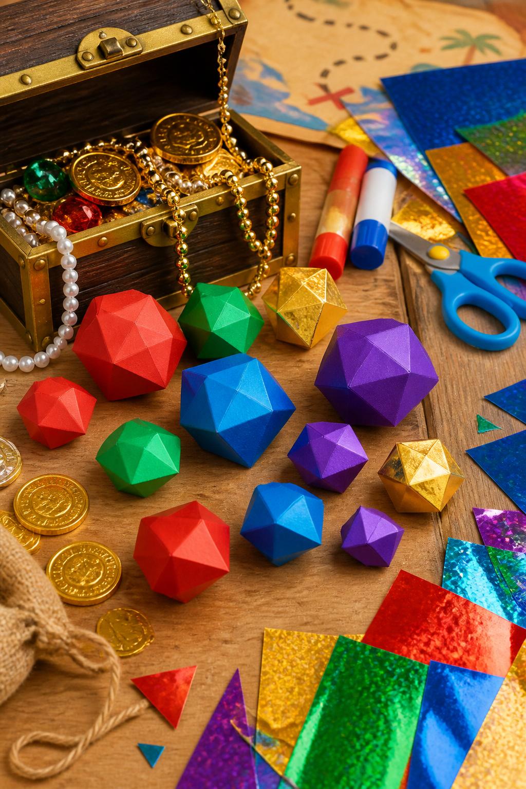 Detailed Image Prompt:
A colorful kids’ craft photo showing handmade paper gems for a pirate treasure box, folded paper gems in red, blue, green, purple, and gold, arranged beside a small treasure chest with beads and coins, glue sticks, scissors, and shiny paper scraps nearby, bright treasure craft styling, no people, no faces, no readable text, no watermark on images.