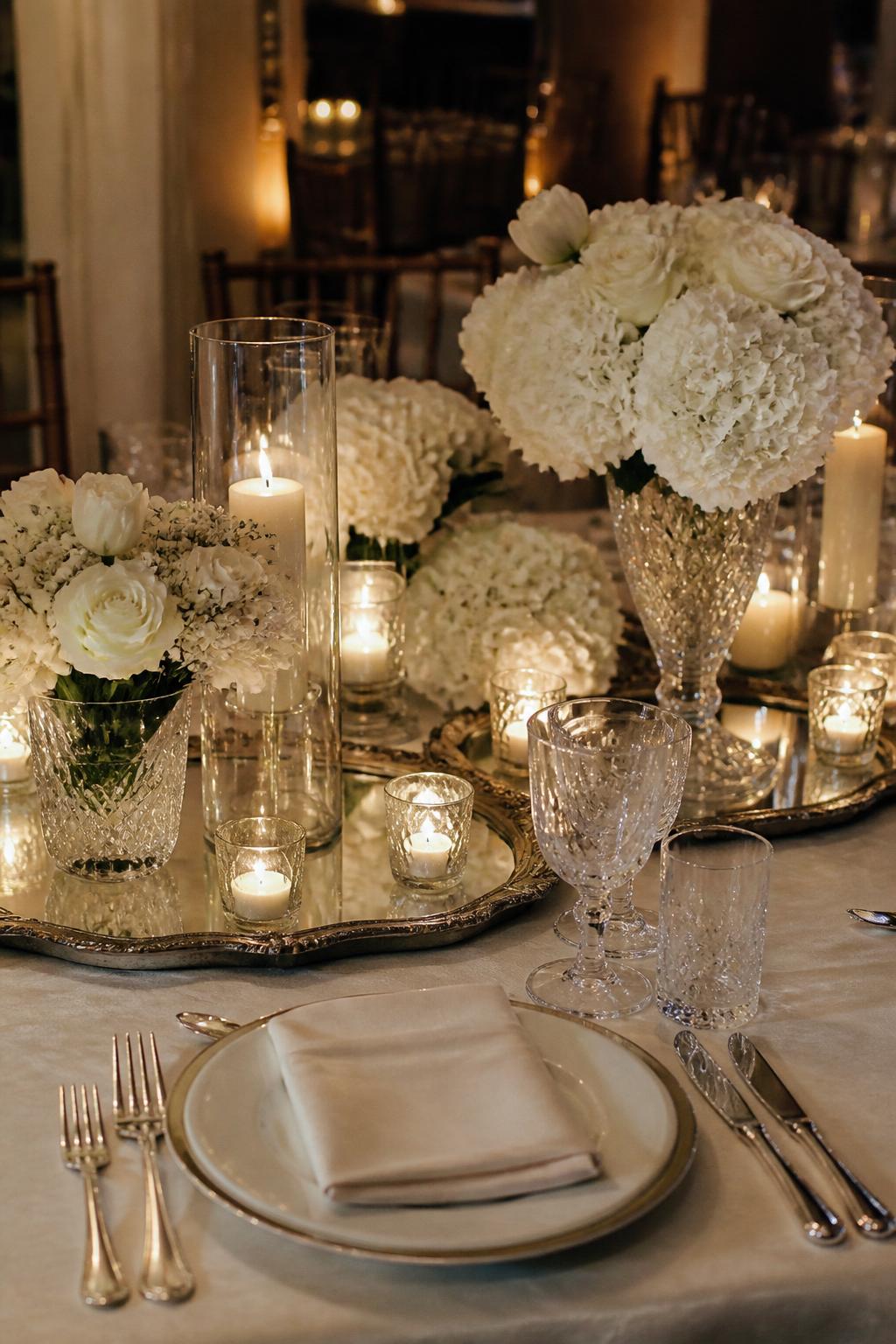 Image Prompt:
A classy wedding table photo showing small candles arranged on antique-style mirror trays, paired with white flowers, crystal glassware, ivory linen, white plates, and polished flatware. Elegant indoor reception setting with soft candle reflections, no visible faces, no text, no watermark, realistic editorial photography, (no watermarks on images)
