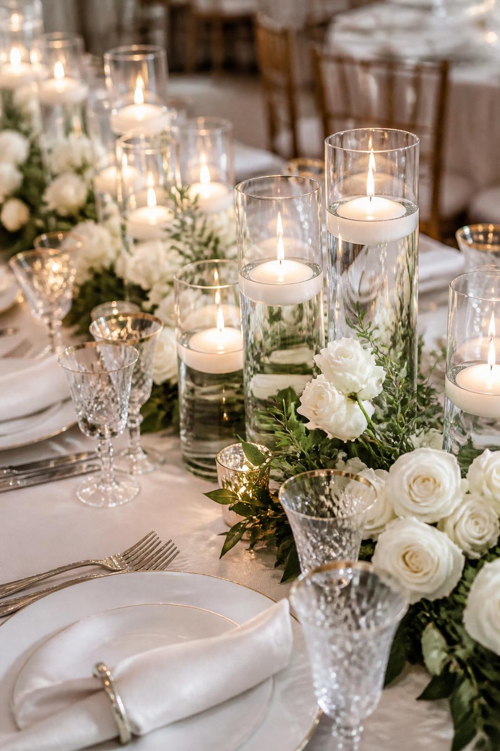Image Prompt:
An elegant wedding reception table styled with clear glass cylinder vases filled with water and floating candles, placed along the center of the table with white roses, greenery, white plates, linen napkins, crystal glasses, and warm soft lighting. No visible faces, no full people, no text, no watermark, professional editorial wedding photography, (no watermarks on images)