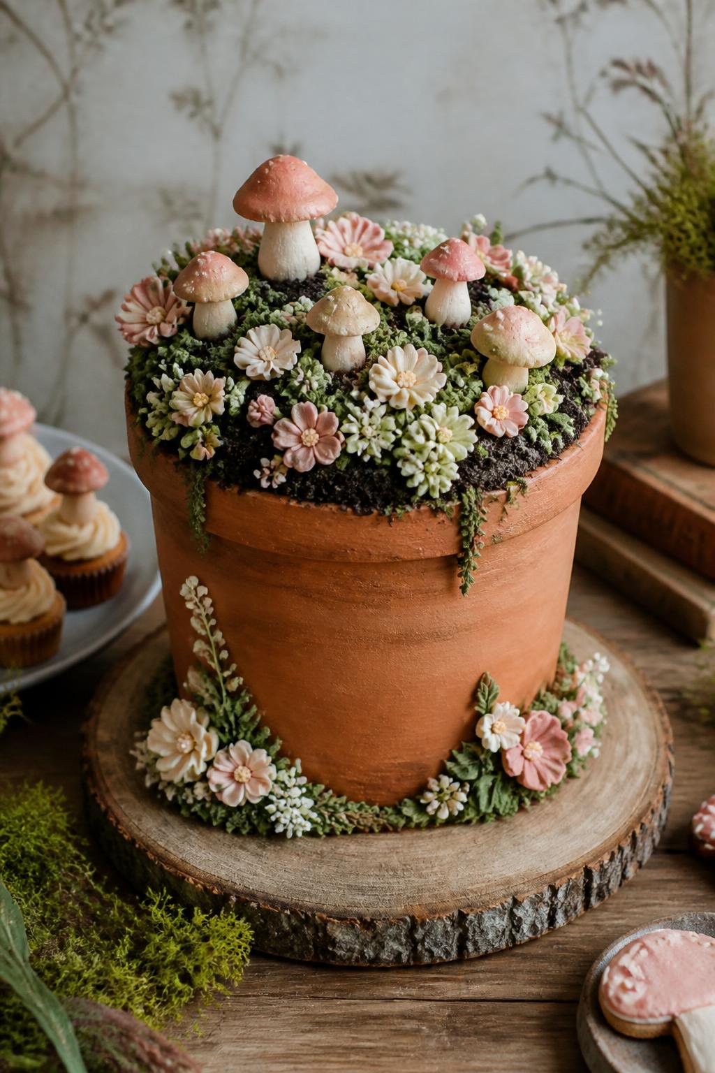 Detailed Image Prompt:
A whimsical flower pot cake decorated with tiny buttercream mushrooms, small piped flowers in blush and ivory, soft moss-like green frosting, dark crumb soil, and a terracotta pot finish, styled on a woodland-inspired dessert table with natural textures, gentle daylight, storybook editorial cake photography, no people, realistic DSLR photo, no watermarks on images.