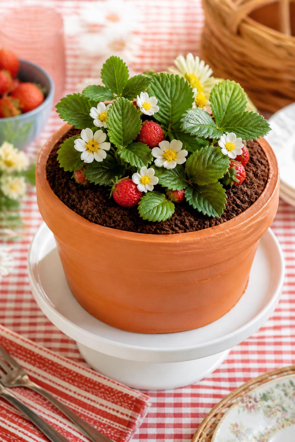 Detailed Image Prompt:
A charming flower pot cake topped with green frosting strawberry leaves, tiny white blossoms with yellow centers, small realistic strawberries nestled into chocolate crumb soil, and a warm terracotta frosting pot base, styled on a picnic-inspired dessert table with soft daylight, fresh editorial cake photography, no people, realistic DSLR image, no watermarks on images.