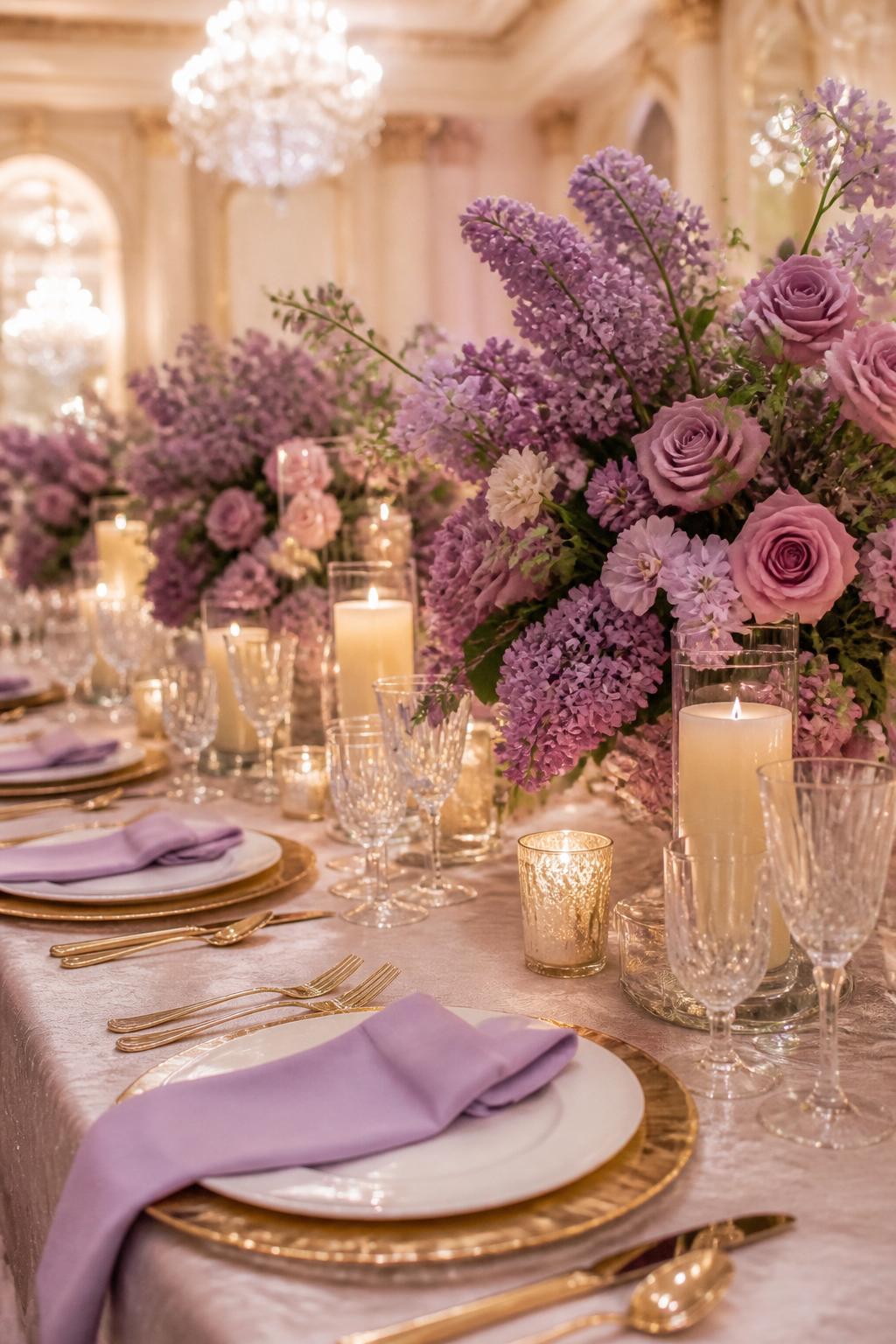 Image Prompt:
A grand wedding reception table styled with lilac floral centerpieces, gold chargers, gold flatware, ivory candles, white plates, crystal glasses, and soft lilac napkins in an elegant ballroom setting. Warm refined lighting, no visible faces, no full people, no text, no watermark, professional DSLR wedding photography, (no watermarks on images)