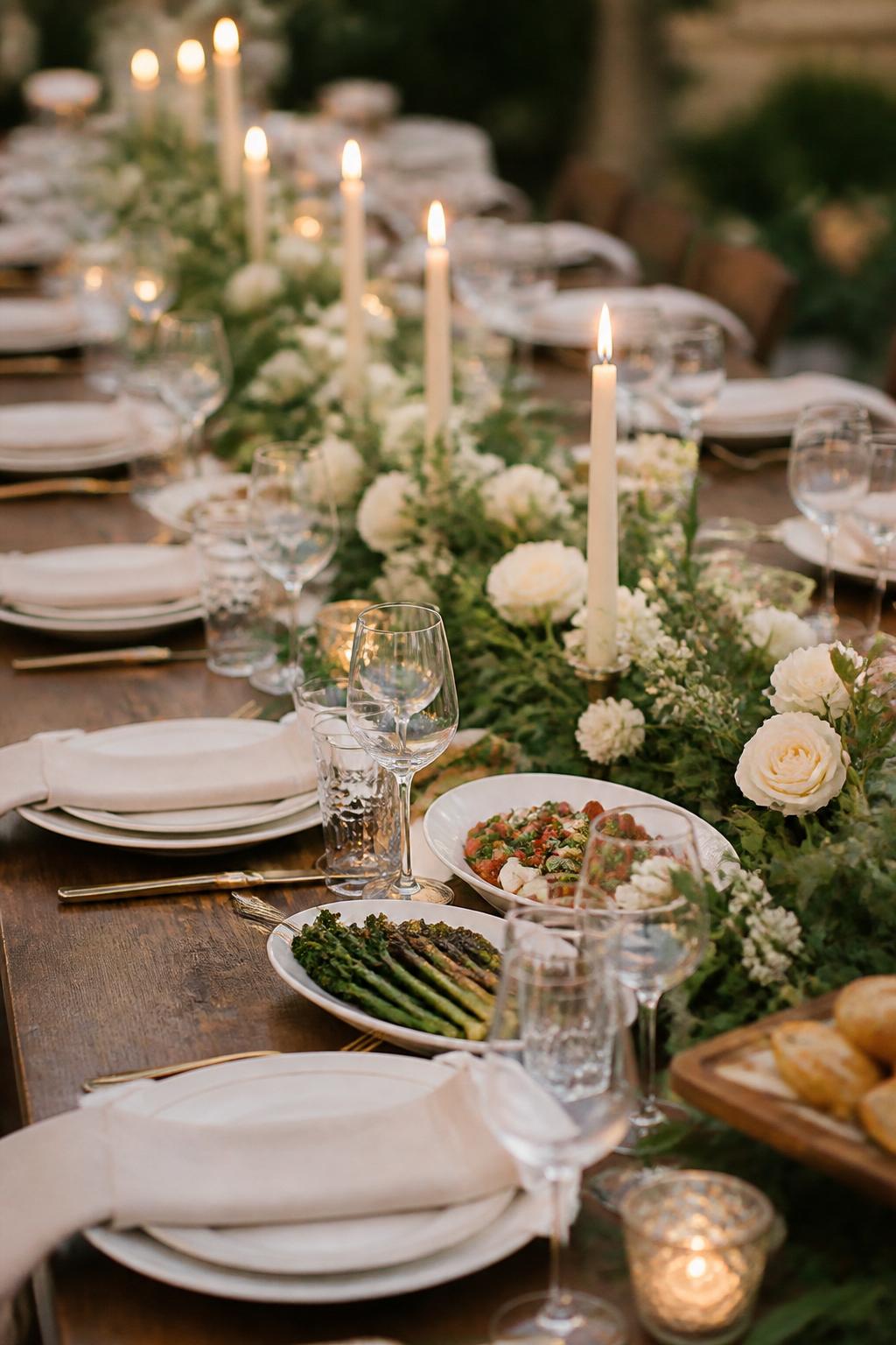 Image Prompt:
A professional editorial wedding reception photo showing a long family style wedding dinner table decorated with a low greenery runner, white roses, small ivory flowers, simple taper candles, white plates, linen napkins, clear glassware, and a few shared serving platters placed neatly on the table. Warm garden or indoor reception setting, no visible faces, no full people, table-focused composition, realistic DSLR wedding photography, no text, no watermark, (no watermarks on images)