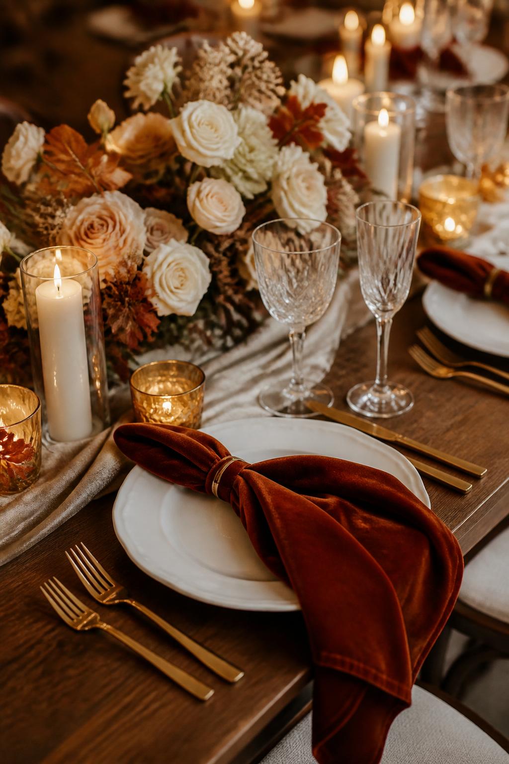 Image Prompt:
A close editorial wedding table photo focused on rust velvet napkins placed over white plates, paired with ivory floral centerpieces, gold flatware, crystal glasses, and warm candlelight. Cozy elegant autumn reception setting, no visible faces, no text, no watermark, realistic professional photography, (no watermarks on images)