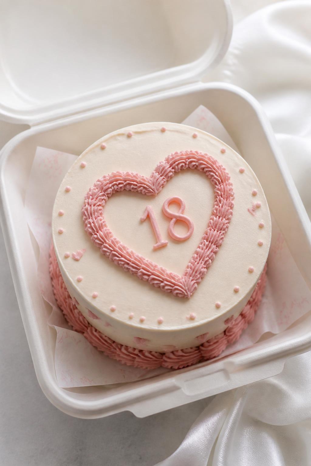 Image Prompt:
A cute 18th birthday bento cake inside an open white cake box, smooth cream and blush frosting, a piped pink heart frame around the center, icing number “18” inside the heart, tiny dot border, soft romantic birthday styling, realistic dessert photography, no people, no hands, no faces, no watermarks on images