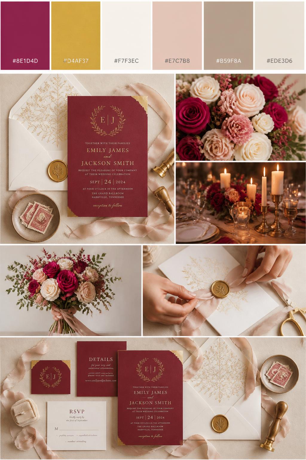 Image Prompt:
A realistic Pinterest-style wedding palette board with a top row of swatches and hex codes in raspberry, gold, ivory, blush nude, warm taupe, and soft beige. Below the swatches, create a refined wedding collage with raspberry wedding invitations, gold foil accents, ivory envelopes, wax seals, silk ribbon, bouquet close-ups, candlelit styling, a side-view bouquet shot, hands tying ribbon around stationery, and a no-people flat lay styling scene. Use varied no-face compositions, including hands-only details, back-view styling, side-view crops, and no-people decor scenes. DSLR photo realism, 9:16 vertical format. (no watermarks on images)