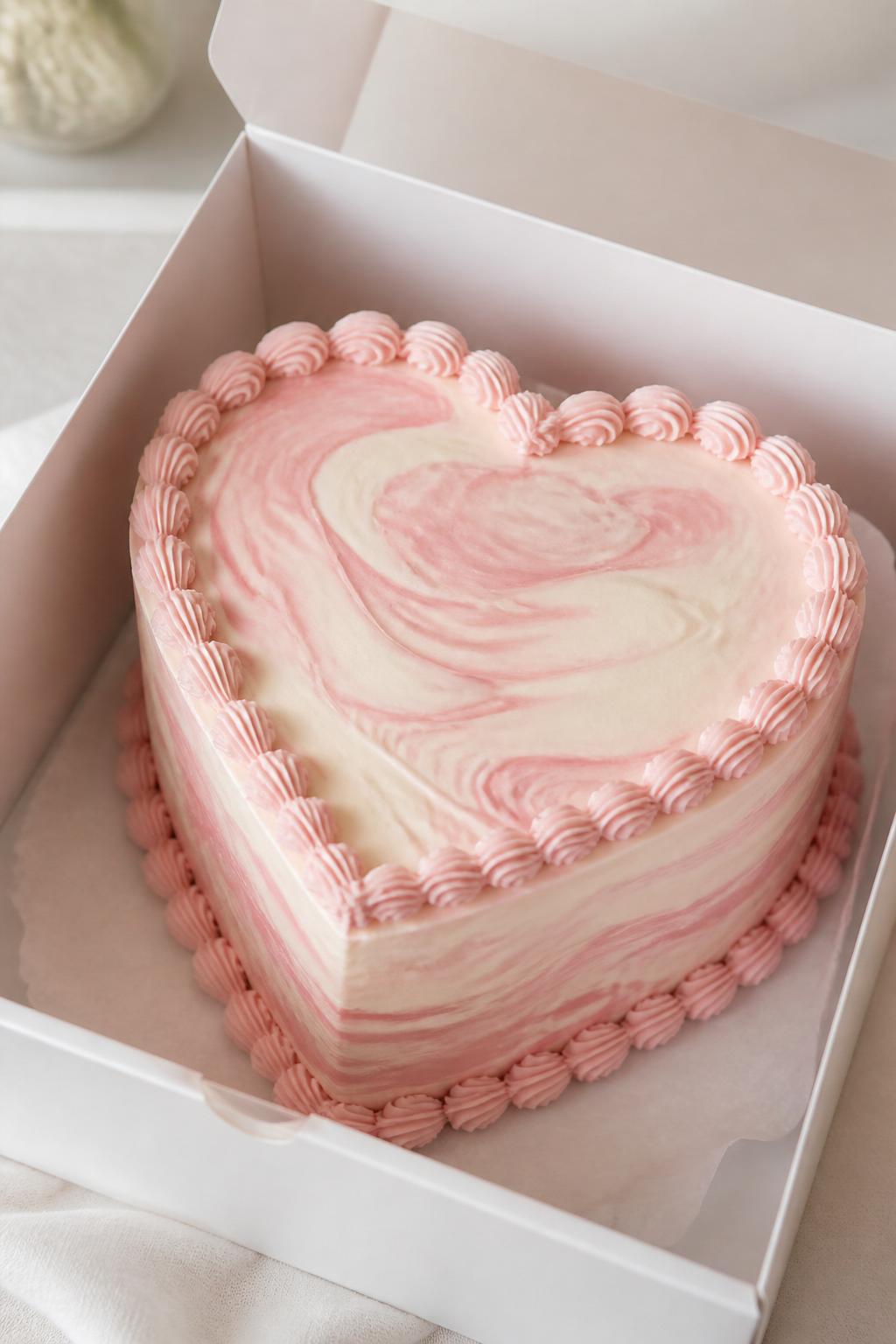 Image Prompt:
A stylish heart shaped bento cake inside an open white cake box, smooth buttercream frosting with soft pink and cream marble swirls, neat piped border, modern elegant styling, clean soft background, realistic close-up bakery photography, no people, no hands, no faces, no watermarks on images