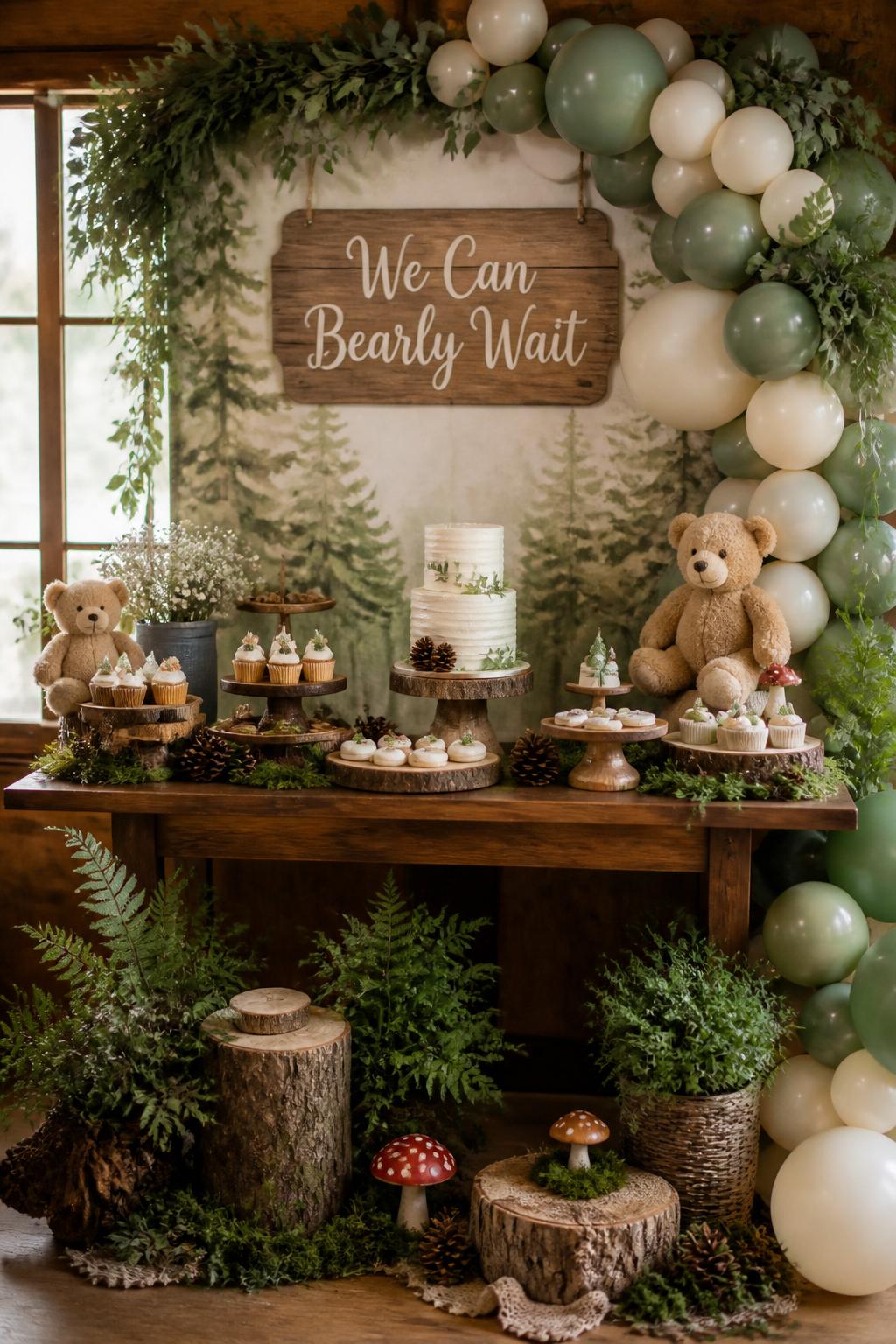 Image Prompt:
A realistic single-image woodland “We Can Bearly Wait” baby shower setup, wooden dessert table in front of a forest-inspired backdrop with soft green leaves, tree stump stands, plush teddy bears, cream and sage balloon clusters, small mushrooms, pinecones, moss details, and a rustic wooden sign reading “We Can Bearly Wait,” no people, no faces, cozy indoor woodland party setting, natural daylight, editorial decor photography, realistic natural textures, no watermarks on images