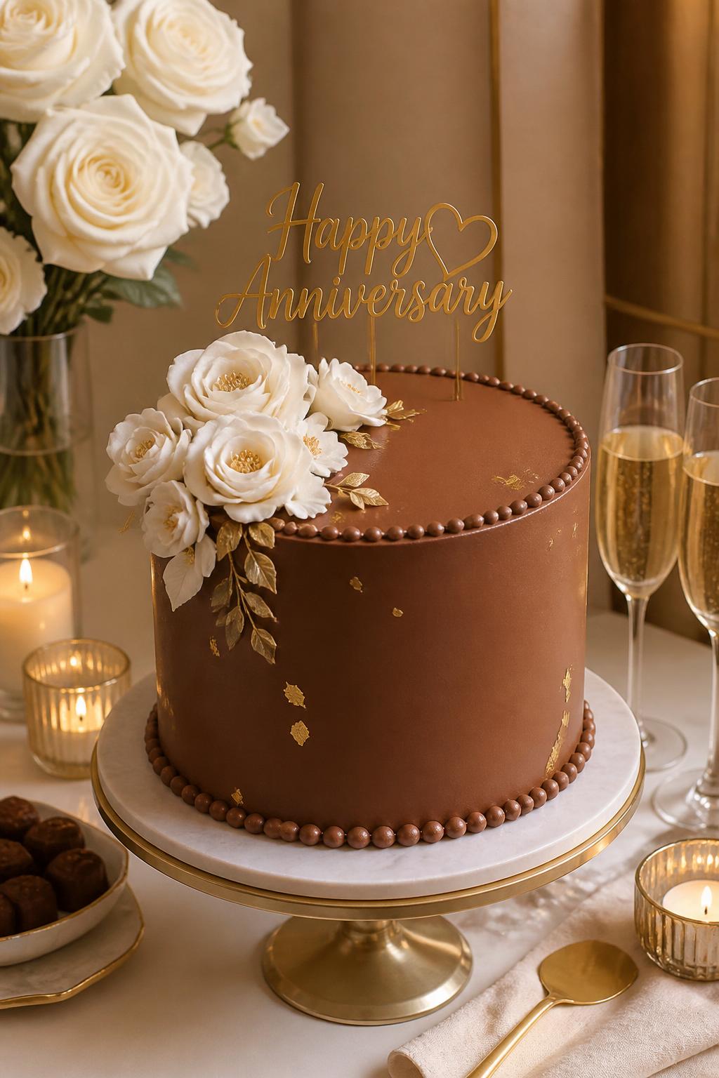 Image Prompt: A refined chocolate anniversary cake with smooth milk chocolate buttercream, pearl borders, cream sugar flowers, small gold leaf accents, and a delicate gold anniversary topper. Style it on a polished dessert table with candles, white roses, champagne glasses, and warm neutral decor. Make it elegant, soft, and realistic, no people, no faces, no watermark. (no watermarks on images)
