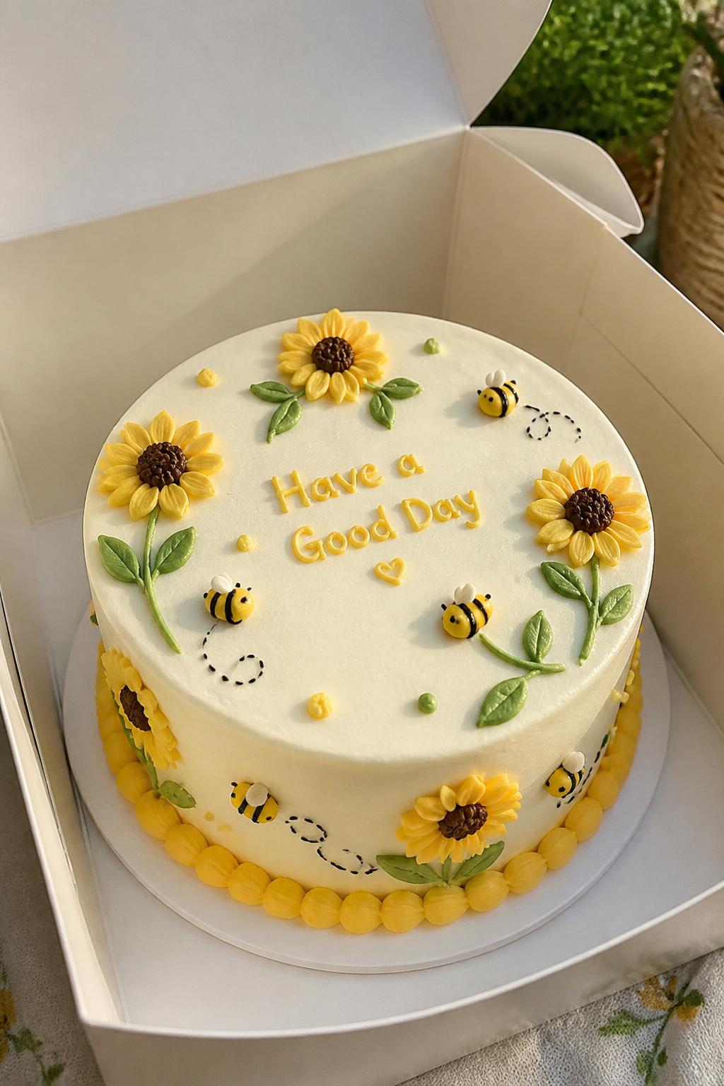 Image Prompt:
A cute sunflower and bee bento cake inside an open white cake box, smooth ivory frosting, tiny piped sunflowers, small buttercream bee details, green leaves, neat yellow border, cheerful garden-inspired dessert styling, bright natural light, realistic close-up bakery photography, no people, no hands, no faces, no watermarks on images