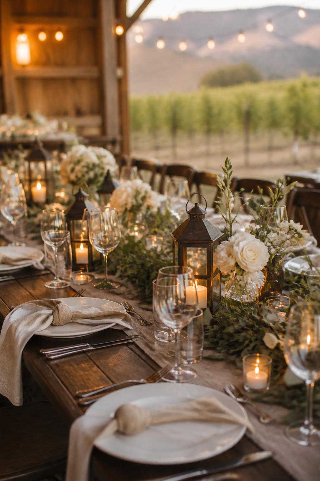 Image Prompt:
A charming rustic wedding table styled with small black or antique brass lanterns holding candles, mixed with white flowers, greenery, linen napkins, white plates, and clear glassware. Barn, vineyard, or countryside reception setting with warm evening light, no visible faces, no text, no watermark, professional DSLR wedding photography, (no watermarks on images)