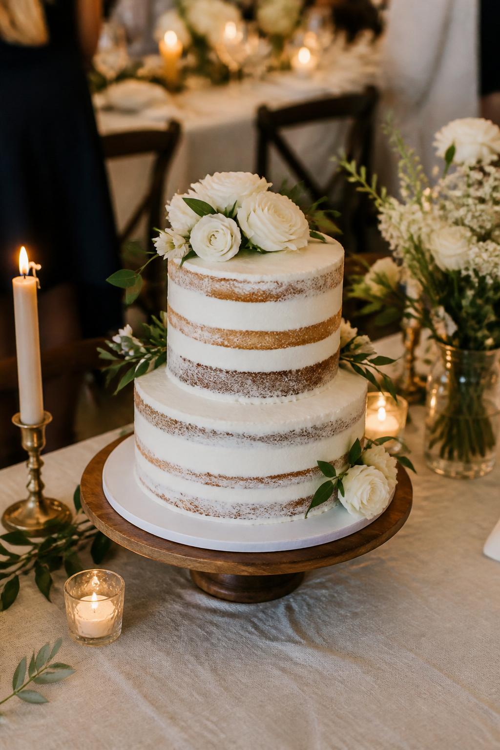 Image Prompt: Ultra-realistic wedding party photo of a simple two-tier naked wedding cake with visible golden sponge layers, white buttercream filling, and light frosting around the edges. Decorate it with a few fresh white flowers and soft greenery. Place the cake on a small cake table at an intimate wedding reception with candles, linen tablecloth, simple floral decor, and warm natural light. Keep the cake as the main focus. No visible faces. If people appear, show only cropped hands, back views, or soft blurred side figures. Realistic cake texture, cozy wedding atmosphere, DSLR editorial style. (no watermarks on images)