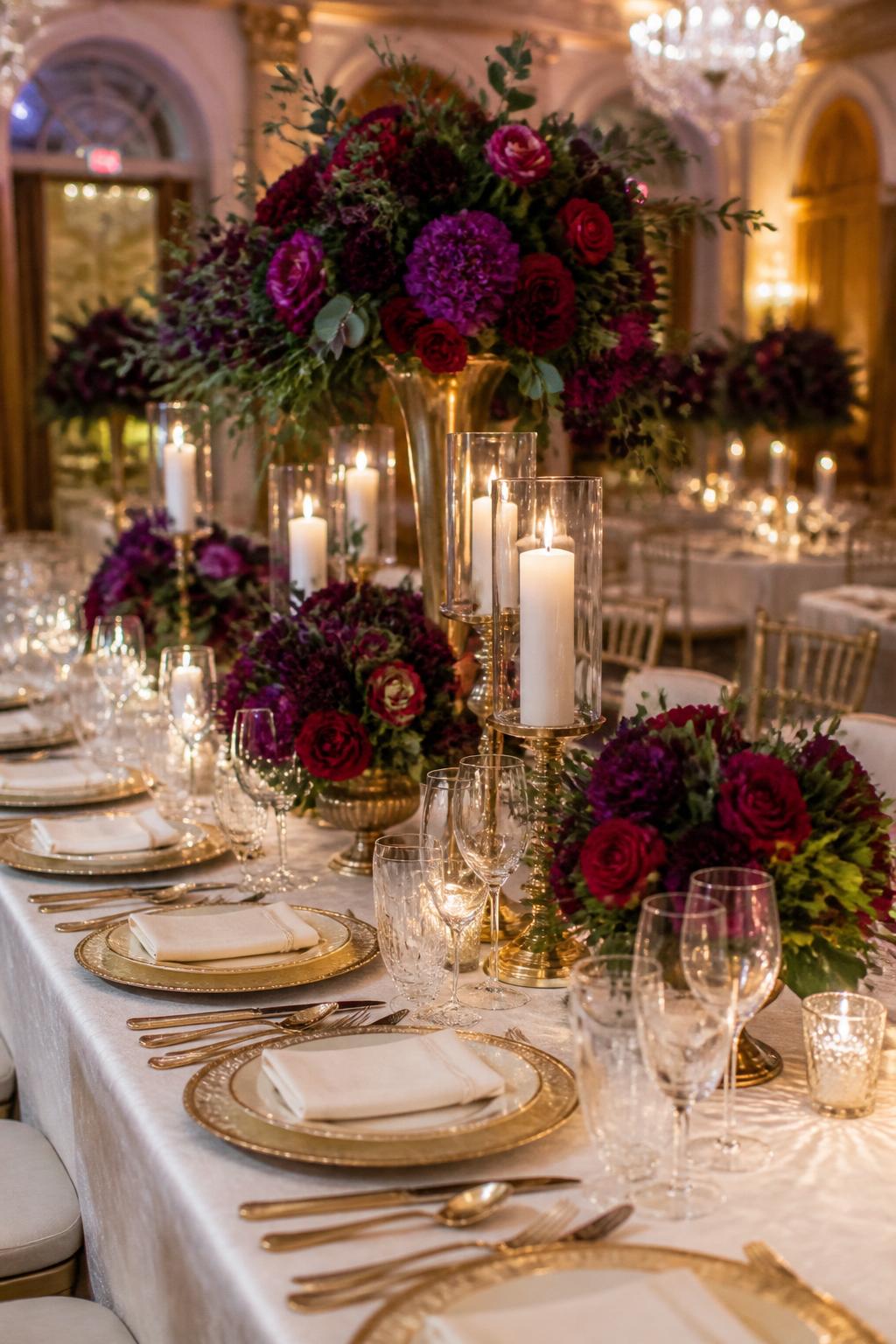 Image Prompt:
A grand wedding reception table styled with jewel tone floral centerpieces, gold chargers, gold flatware, ivory candles, white plates, crystal glasses, and elegant white or soft neutral linen in a ballroom setting. Warm refined lighting, no visible faces, no full people, no text, no watermark, professional DSLR wedding photography, (no watermarks on images)