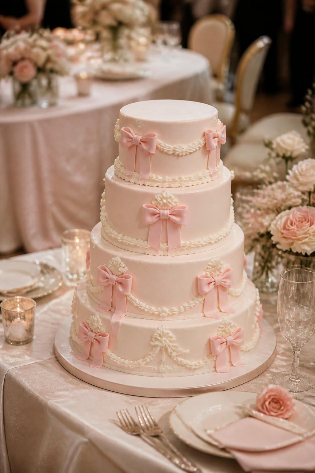 Image Prompt: Ultra-realistic wedding party scene featuring a retro-inspired blush wedding cake with smooth or softly piped tiers, delicate bows placed neatly around the cake, and soft romantic detailing. Use blush pink, ivory, and pale champagne tones. Place the cake on an elegant reception cake table with candles, blush florals, fine linens, glassware, and a softly blurred wedding venue background. Keep the cake front and center. No visible faces. If guests appear, show only cropped hands, side views in blur, back views, or neck-down figures. Realistic fondant and icing detail, soft pastel tones, romantic wedding lighting, DSLR realism. (no watermarks on images)