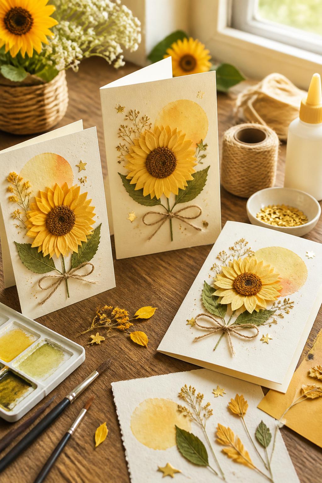 Detailed Image Prompt:
A sweet summer solstice craft photo showing handmade sunflower cards, folded cream cardstock decorated with paper sunflowers, pressed yellow petals, soft watercolor circles, twine bows, and small golden star stickers, arranged on a wooden table with glue, paper scraps, and paintbrushes nearby, warm heartfelt seasonal craft style, no people, no faces, no readable text, no watermark on images.