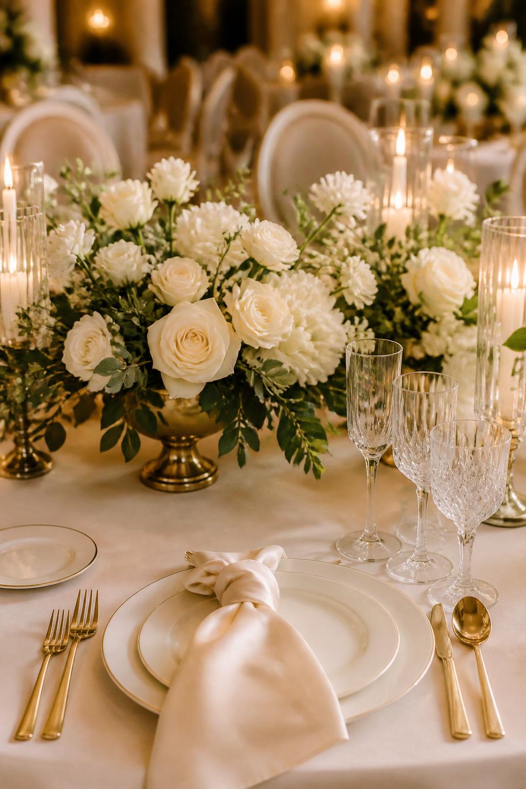 Image Prompt:
A classy wedding table photo showing low floral arrangements in gold vases, filled with white roses, ivory blooms, and soft greenery. Add white plates, gold flatware, crystal glasses, ivory napkins, and warm candlelight. Elegant reception setting, no visible faces, no text, no watermark, realistic editorial photography, (no watermarks on images)