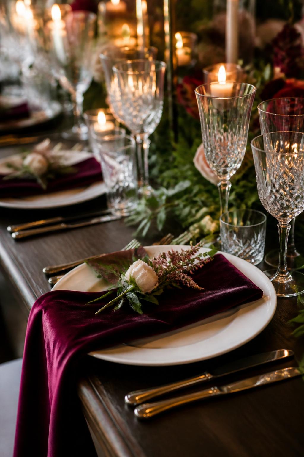 Image Prompt:
A close editorial wedding table photo focused on velvet napkins in jewel tones such as emerald, sapphire, burgundy, or plum, placed over white plates with polished flatware, crystal glasses, small floral sprigs, and warm candlelight. Elegant indoor reception setting, no visible faces, no text, no watermark, realistic professional wedding photography, (no watermarks on images)