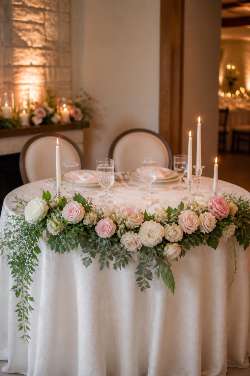 Image Prompt:
A professional editorial wedding reception photo showing a cute sweetheart table with a lush floral garland draped across the front edge of the table. Use blush roses, ivory blooms, soft greenery, taper candles, elegant place settings, and romantic warm lighting. The setting is refined and pretty, with no visible faces, no full people, table-focused composition, realistic DSLR wedding photography, no text, (no watermarks on images)