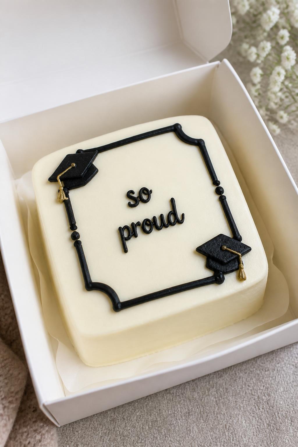 Image Prompt:
A personalized graduation bento cake designed like a tiny photo frame, inside an open white cake box, smooth cream frosting, piped frame border in black icing, small graduation cap details in the corners, short icing text reading “so proud,” cozy celebratory styling, realistic bakery photography, no people, no hands, no faces, (no watermarks on images)