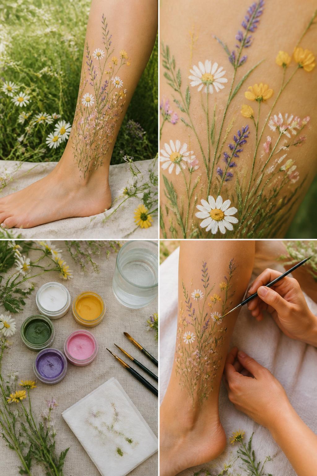 Detailed Image Prompt:
A realistic editorial 2x2 collage grid showing wildflower meadow leg painting, top-left finished design with tiny wildflowers, grass stems, white daisies, yellow flowers, lavender sprigs, and green leaves rising from the ankle upward, top-right close-up of tiny petals and grass details, bottom-left flat lay of skin-safe green, white, yellow, purple, and pink body paint, fine brushes, wipes, and water cup, bottom-right cropped hands painting tiny wildflower stems on the lower leg, soft summer meadow craft styling, no faces, no text, no watermark on images.