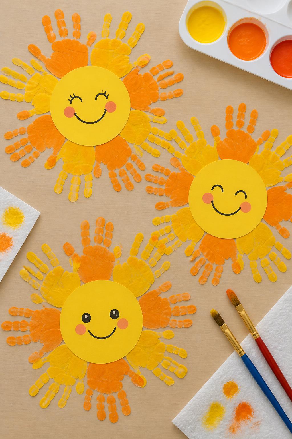 Detailed Image Prompt:
A cute keepsake craft photo showing handmade handprint suns, yellow paper circles surrounded by orange and yellow painted handprints as rays, smiling faces drawn on the center, arranged on a clean craft table with washable paint, brushes, and paper towels nearby, cheerful memory craft style, no real hands, no faces except drawn sun faces, no readable text, no watermark on images.