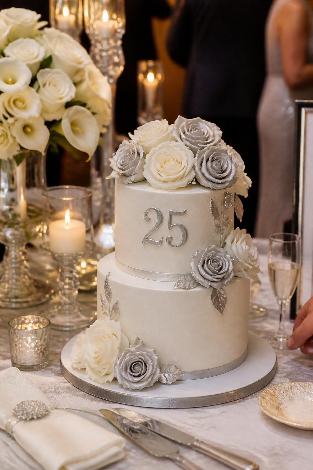 Image Prompt: Ultra-realistic 25th wedding anniversary party image of a classy anniversary cake decorated with white roses, soft silver sugar roses, silver leaf details, and smooth ivory frosting. Place the cake on a refined dessert table with candles, champagne glasses, white flowers, silver decor, fine linens, and warm indoor party lighting. Keep the cake in sharp focus with the background softly blurred. No visible faces. If guests appear, show only cropped hands, back views, side angles, or neck-down figures. Realistic rose petals, soft silver detail, refined DSLR event photography. (no watermarks on images)