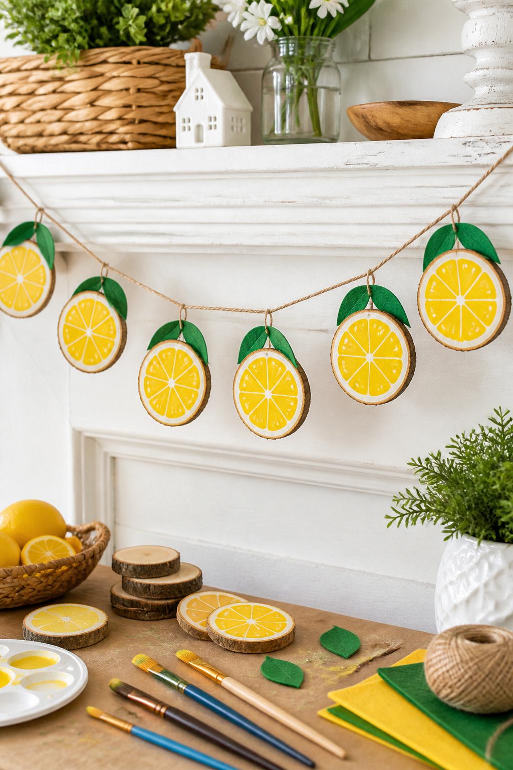 Detailed Image Prompt:
A cheerful summer craft photo of a handmade wooden lemon garland, small round wood slices painted like lemons with yellow centers, white highlights, and green paper or felt leaves, strung on twine across a white mantel, paintbrushes and extra wood slices on a craft table below, fresh farmhouse summer decor style, no people, no faces, no readable text, no watermark on images.